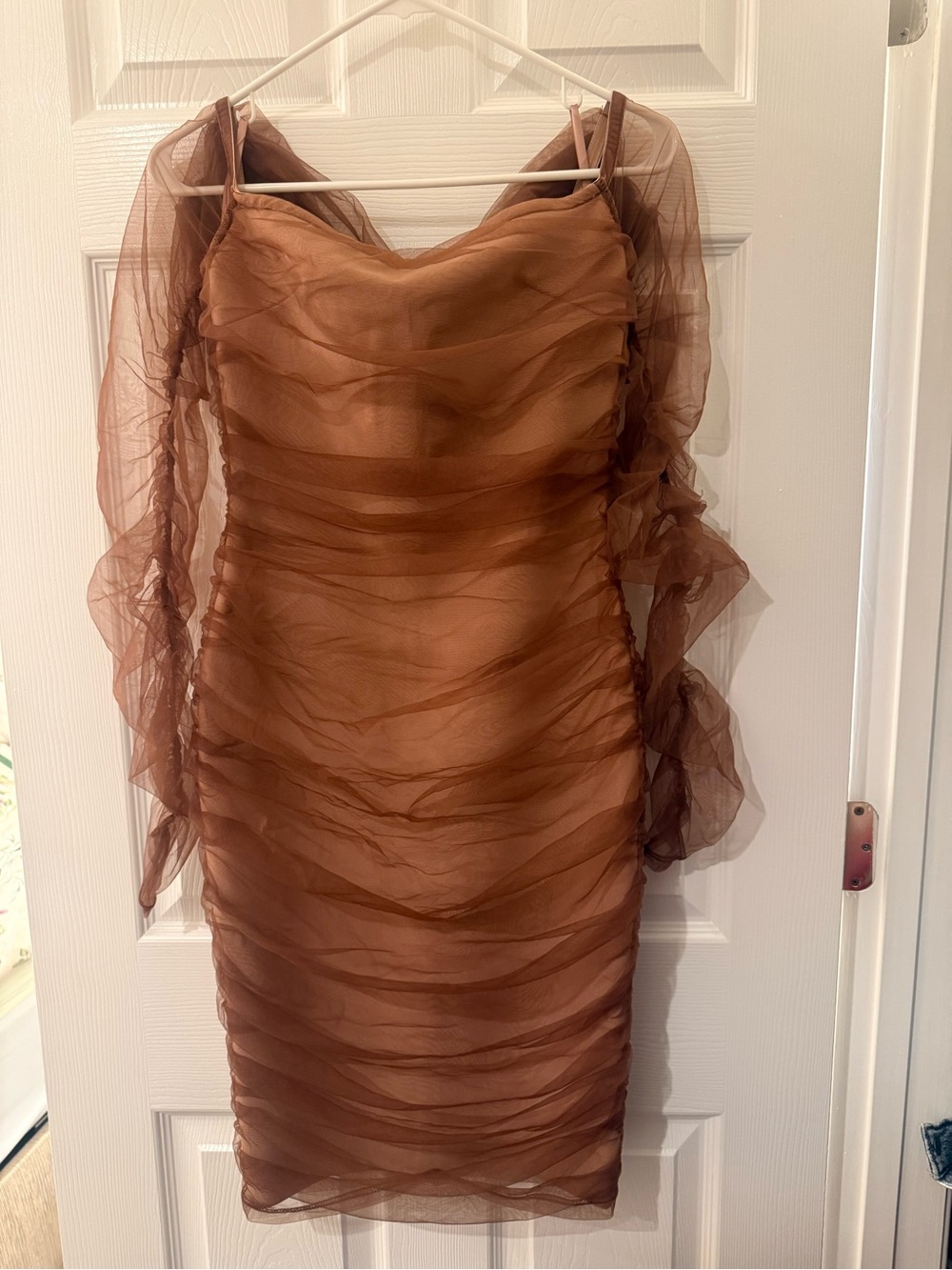 Fashion Nova Brown Sheer Ruched Midi Dress - Picture 2 of 6